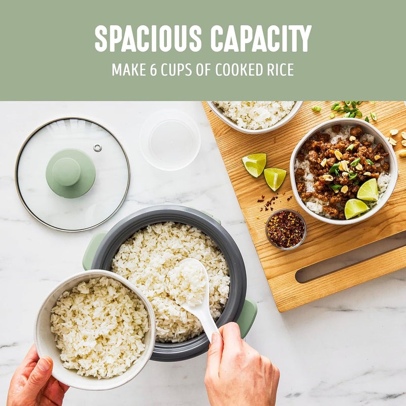 GreenLife Rice Cooker with Removable PFAS-Free Nonstick Pot, 3-Cups Uncooked/6-Cups Cooked, One-Switch Design, Auto Keep Warm Function, Soup, Grains, Oatmeal, Wood Handle, Sage Green - Image 5